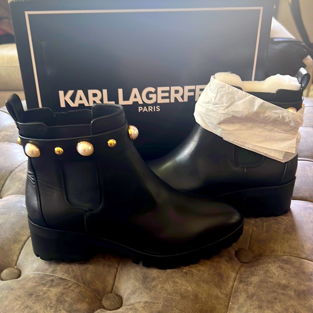 Karl Lagerfeld pearl embellished black leather boots
